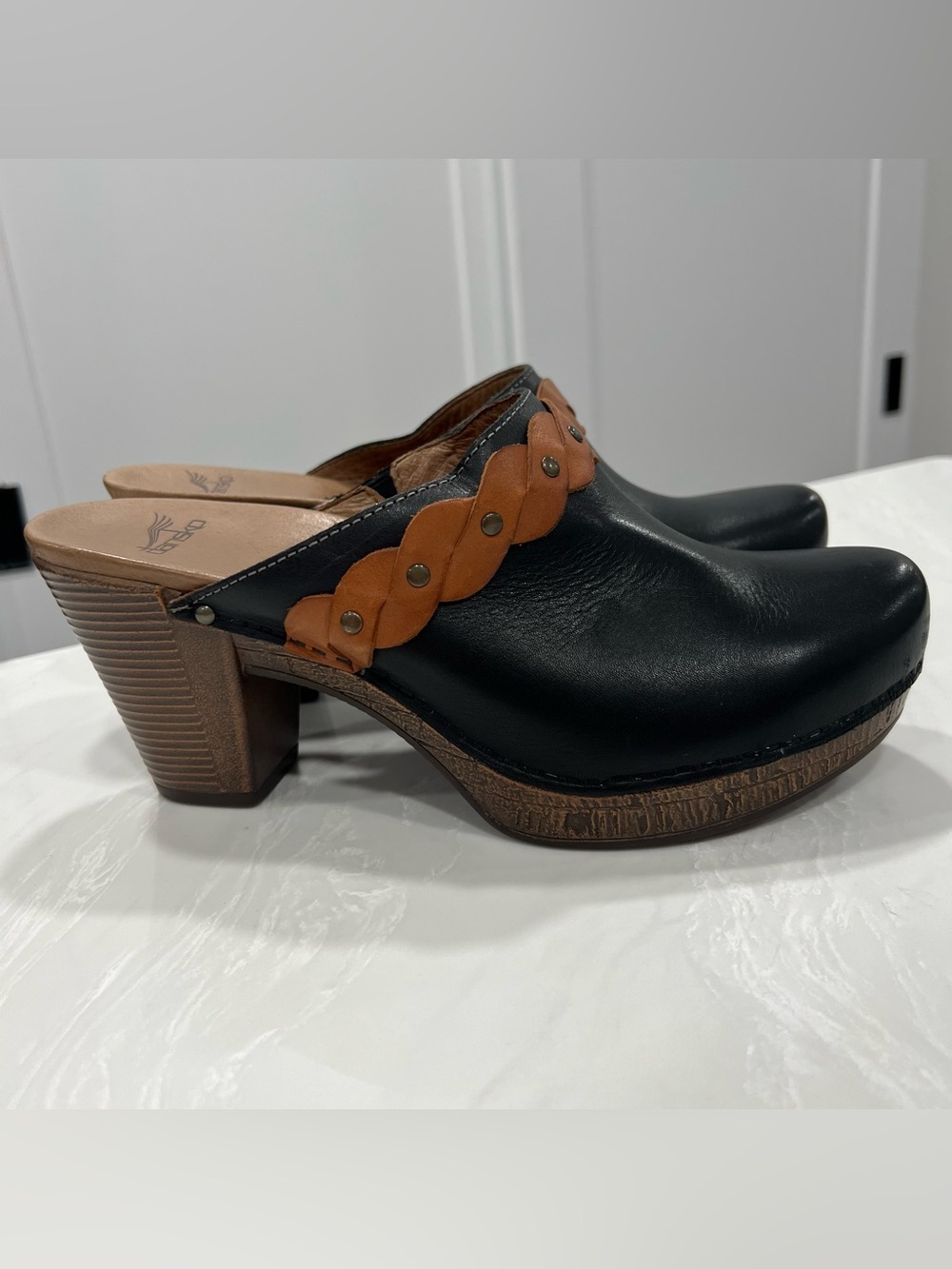 Dansko Women's Leather Slip-On Clog Shoes Brown Braided Detail Size 41 Boho Chic